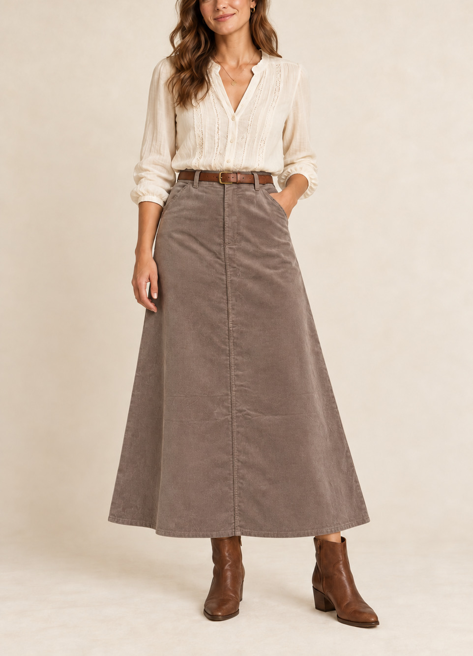 VTG Sundance Womens Size 8 Taupe Corduroy A-Line Maxi Skirt Cotton Boho Y2K